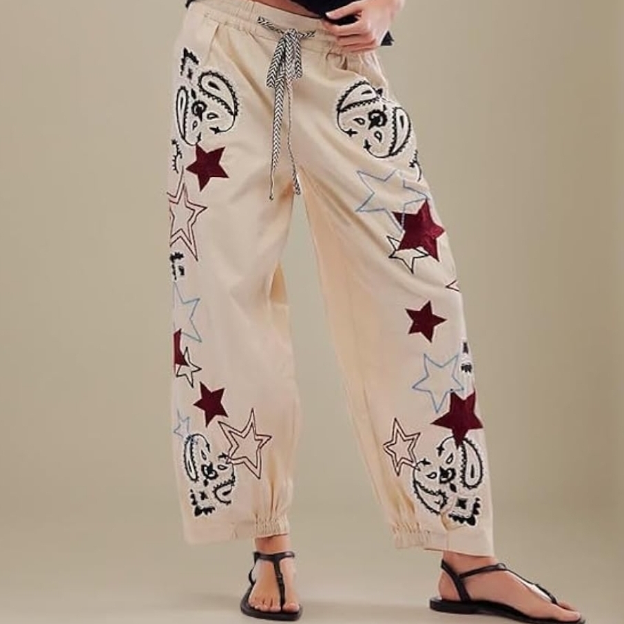 Black And Cream Boot Cut Pants With Relaxed Fit
